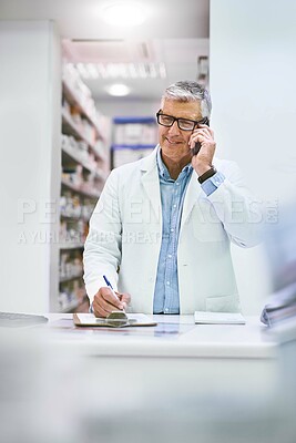 Buy stock photo Man, pharmacist and phone call in pharmacy with medicine checklist, communication and customer health care service. Senior medical advisor or doctor talking on mobile, chat or contact for help or FAQ