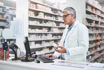 Buy stock photo Pharmacy, medicine and doctor on computer search for pills information or system inventory in stock management. Mature man or retail pharmacist with online database for medical tablet and medication