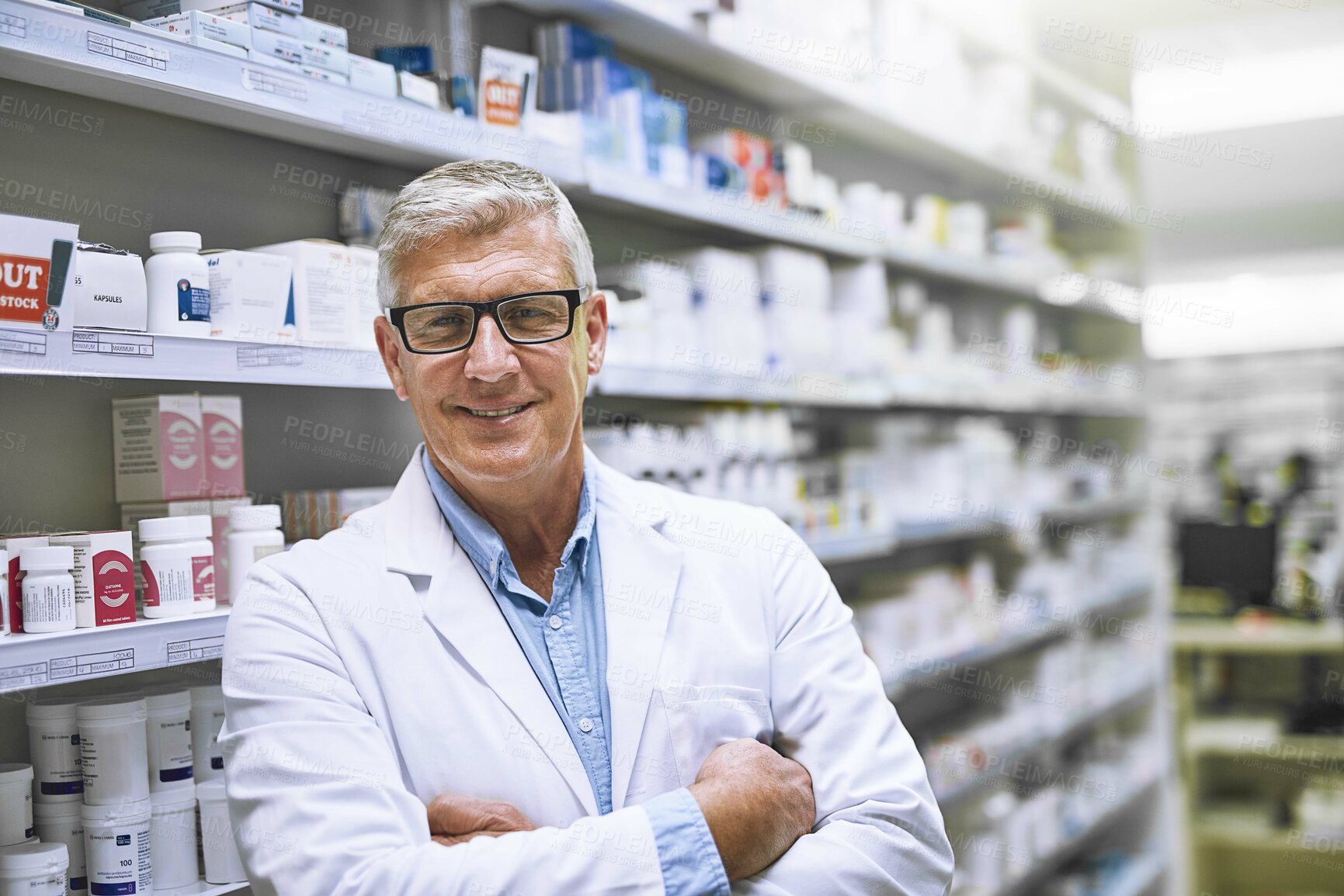 Buy stock photo Mature man, arms crossed or portrait in drug store with glasses, smile for healthcare industry or career. Male pharmacist, workplace or happy in pharmacy with service, professional and dispensary