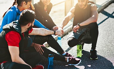 Buy stock photo Fist bump, fitness and group of people outdoor with running for workout, health or wellness. Bonding, sports and athletes with motivation for cardio exercise for race or marathon in solidarity.