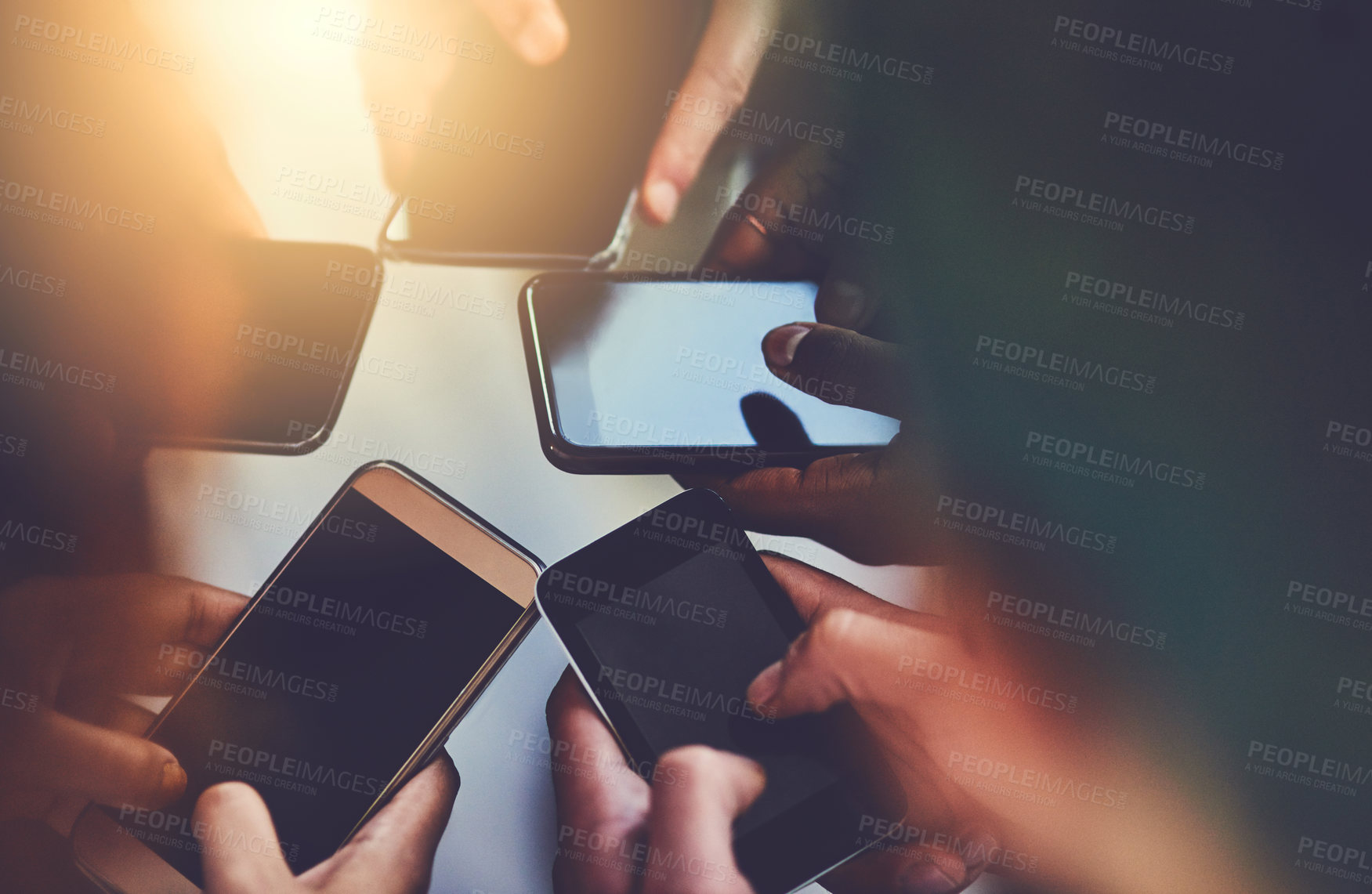 Buy stock photo Group, hands and smartphone for research, office and online for competition analysis, digital and social media. Plan, screen and people with mobile for project, content creator and teamwork with app