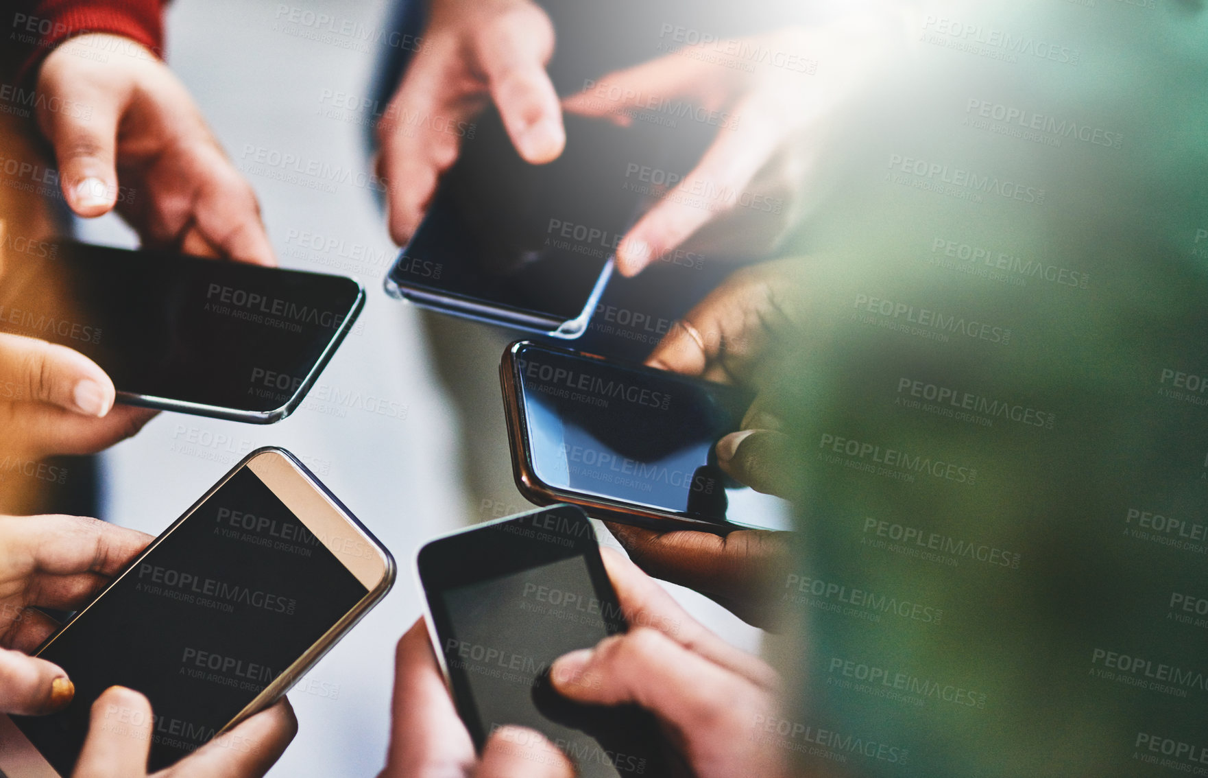 Buy stock photo Group, hands and smartphone for research, planning and online for competition analysis, digital and social media. Creative, screen and people with mobile for project, content creator or team with app