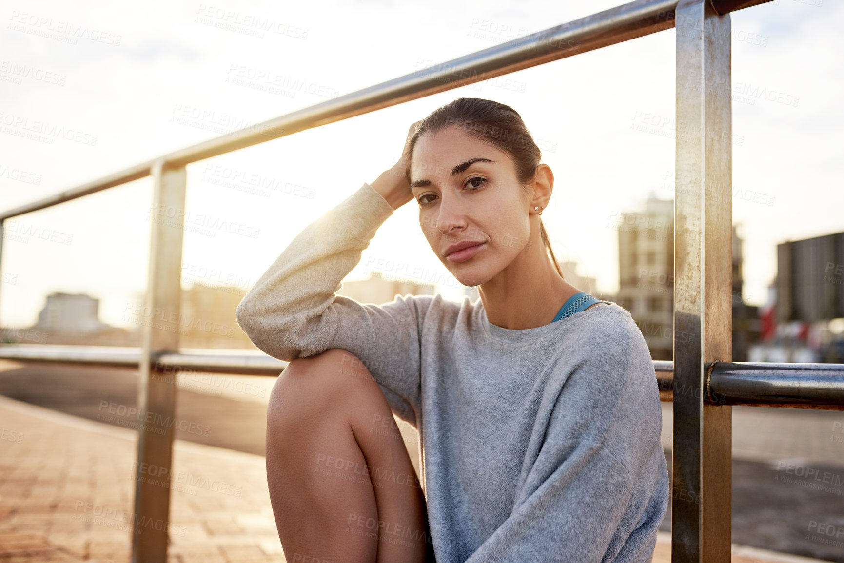 Buy stock photo Portrait, woman and relax for fitness outdoor of sports exercise, marathon training and workout break. Female athlete, rest and practice with running competition, cardio progress and recovery in city