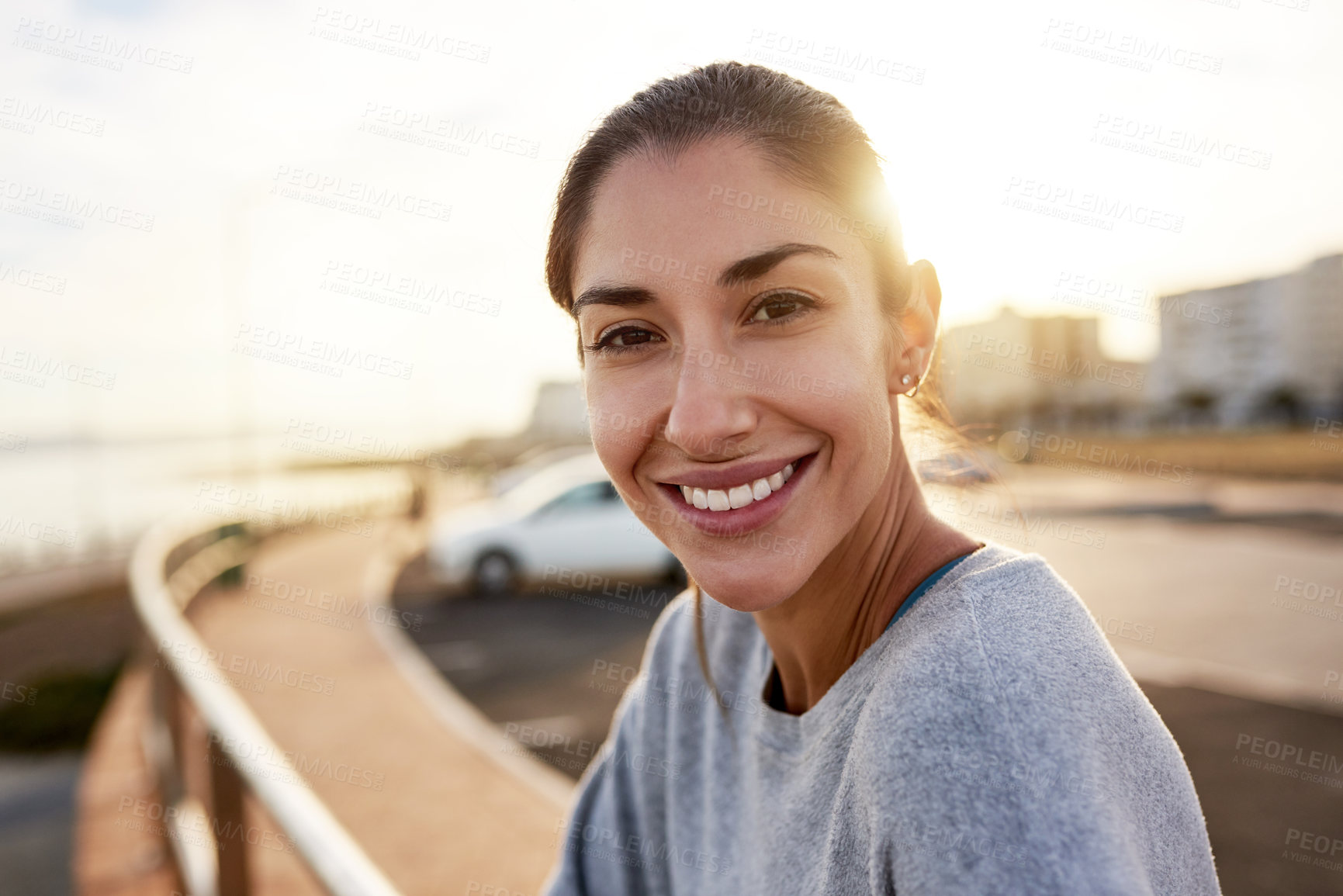 Buy stock photo Portrait, woman and happy for fitness outdoor of sports exercise, marathon training and workout rest. Female athlete, relax and practice with running competition, cardio progress and recovery in city