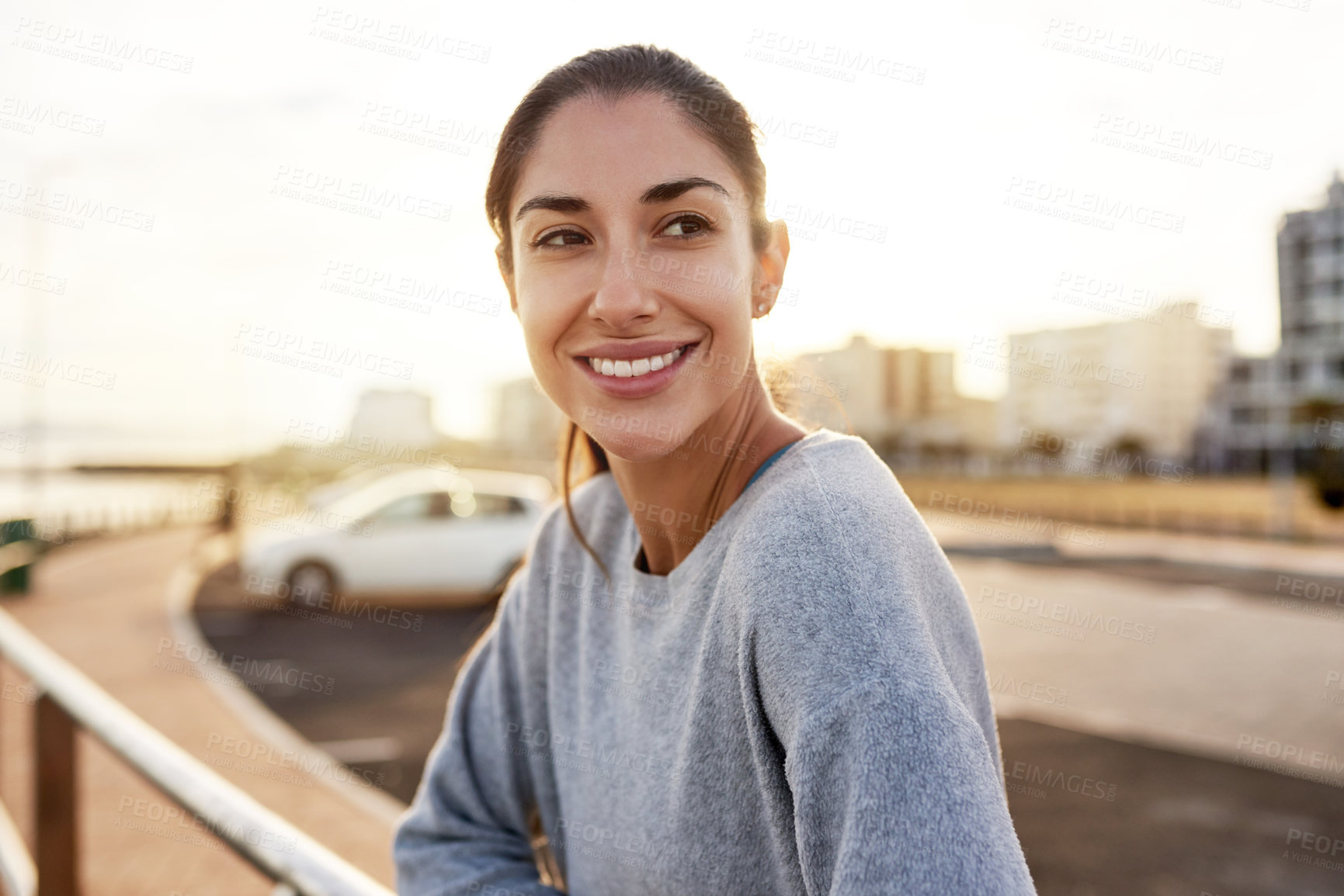 Buy stock photo Outdoor, exercise and woman with fitness, thinking and wellness with morning routine. Healthy person, athlete and girl in street, daydreaming and training with challenge, confidence and workout