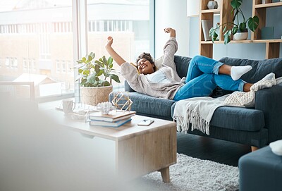 Buy stock photo House, waking up and woman on couch, smile and calm with rest, peace and happiness in living room. Apartment, person and girl on sofa, stretching and comfortable in lounge, start and nap with joy