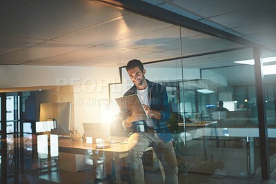 Buy stock photo Business, office and happy man on tablet at night for research project, online website and internet. Professional, startup and worker on digital tech working late for planning, networking and email