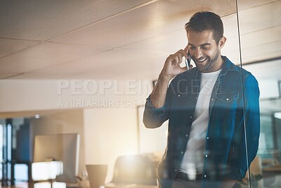 Buy stock photo Man, phone call and thinking at startup, night and overtime with update, good news and progress at company. Person, smartphone and listen with smile in office, discussion or chat at creative agency