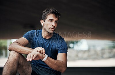 Buy stock photo Man, smart watch or runner thinking for workout, exercise or training in outdoor sports or healthy fitness. Music, running performance or serious athlete checking time for cardio, wellness or podcast