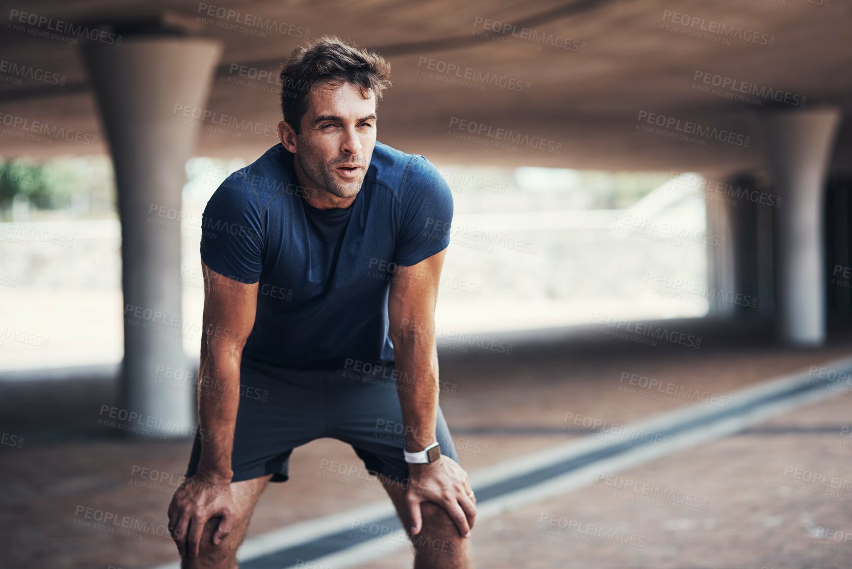 Buy stock photo Fitness, tired and man on break in city after exercise, training or healthy body workout. Sport, rest or runner on street outdoor to relax for wellness, breathing or thinking of fatigue after running