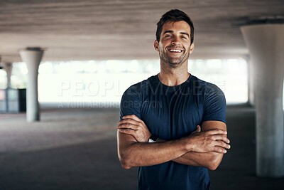 Buy stock photo Portrait, confident man and outdoor with arms crossed for fitness, wellness or exercise for body health in city. Athlete, smile and runner person for sports, cardio workout or marathon training