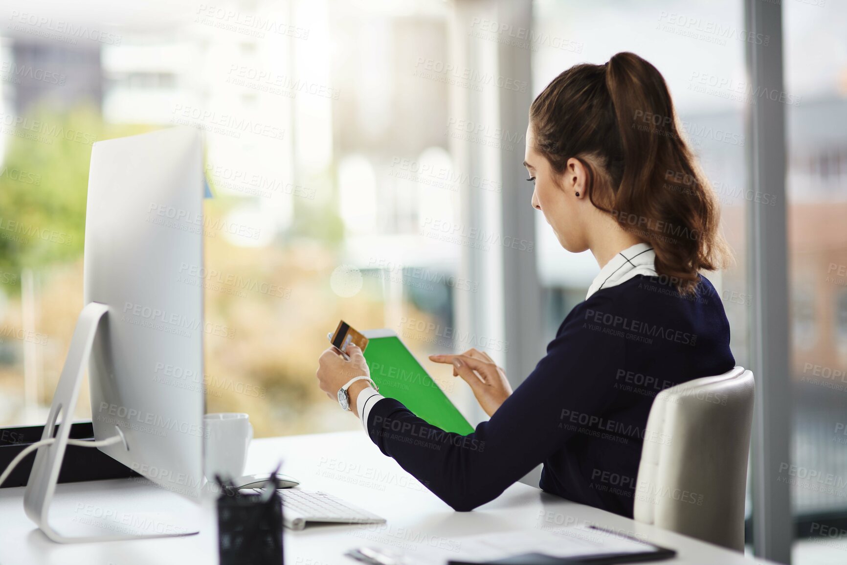 Buy stock photo Business woman, tablet and green screen with monitor, tech and writing intern with social media. Office, mockup and website with digital journalism with online learning and desk at creative startup