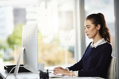 Buy stock photo Business woman, typing and computer of writing intern at desk with online research in office. Learning, staff and startup with professional and web email with internet, digital work and technology