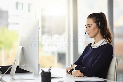 Buy stock photo Business woman, headphones and computer of call center intern at desk with online consultant in office. Learning, staff and startup with professional and contact us with crm, digital work and tech