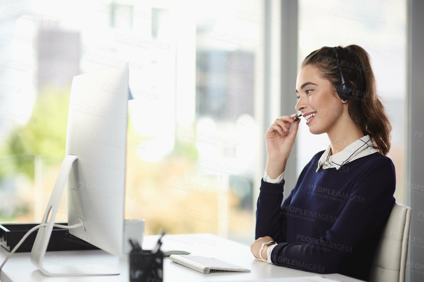 Buy stock photo Business woman, talking and call center computer of telesales intern at desk with online consultant. Headphones, office staff and startup with professional and web email with crm, digital and tech