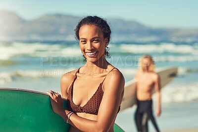 Buy stock photo Portrait, surfer and happy woman at beach on summer vacation, holiday or travel. Surfboard, face and smile of girl in bikini at ocean outdoor for fitness, exercise or water sport on adventure at sea