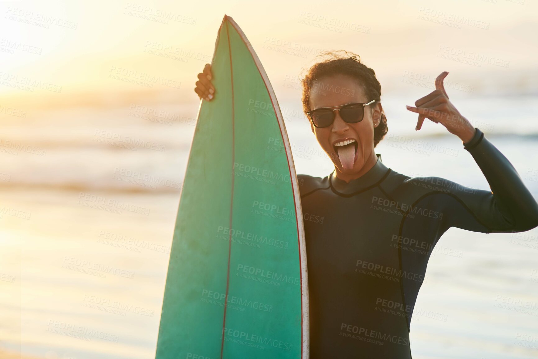 Buy stock photo Beach, sunglasses and woman surfer with call me sign at sunset for holiday, adventure and summer journey in nature. Energy, freedom and face of person with surfboard, fun or shaka hands at the ocean