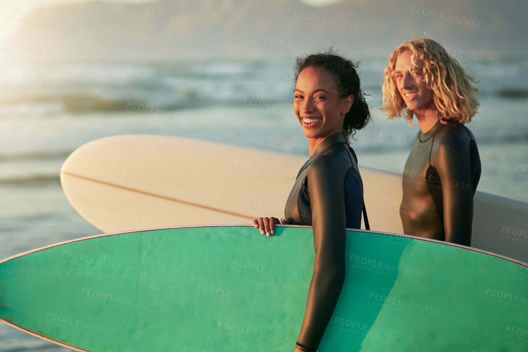 Buy stock photo Love, portrait and fitness couple with surfboard at beach for training, workout or bonding with morning cardio adventure. Happy, energy or gen z people surfing at the ocean for travel, fun or sports