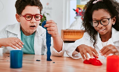 Buy stock photo Boy, girl and slime in classroom for learning, thinking and happy together in lab coat at school. Children, diversity and education for chemical with idea for studying, growth or progress at academy