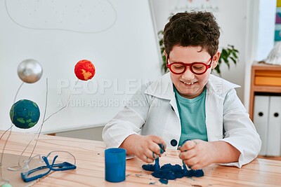 Buy stock photo Boy, slime and education in classroom for science, thinking and lab coat with container at school. Child, blue substance and learning with chemical for ideas with studying, test and smile at academy