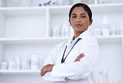 Buy stock photo Arms folded, Indian woman and portrait in laboratory for healthcare and innovation for medicine. Female scientist, confidence or pride and face for medical study and career in pharmaceutical company
