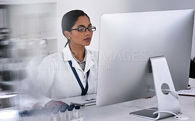 Buy stock photo Woman, science and research in laboratory with computer, review or thinking for solution at pharmaceutical company. Person, pc and innovation for medicine, drugs and reading medical journal on web