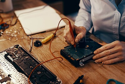 Buy stock photo Woman, hands and technician with hard drive for repair, system restoration and motherboard for tech diagnostics. Female pc programmer, closeup and hardware in home for IT support and data recovery.