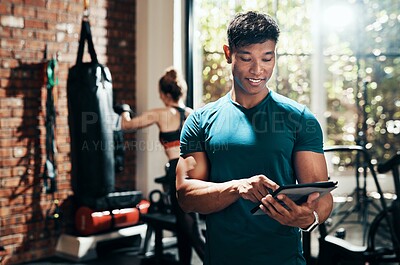 Buy stock photo Man, tablet and smile in gym, personal trainer and record of information, client and practice of boxing. Health club, sports and endurance of boxer, people and workout for wellness and digital