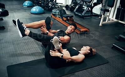Buy stock photo Personal trainer, woman and stretching in gym for fitness, advice and warm up for exercise. Man, customer and coaching in wellness club for physical activity, health and support in training on floor