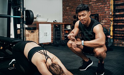 Buy stock photo Fitness, man and woman in gym, personal trainer and smile for exercise, warm up and advice for health. Club, talking and wellness with workout, friends and performance of training and coaching