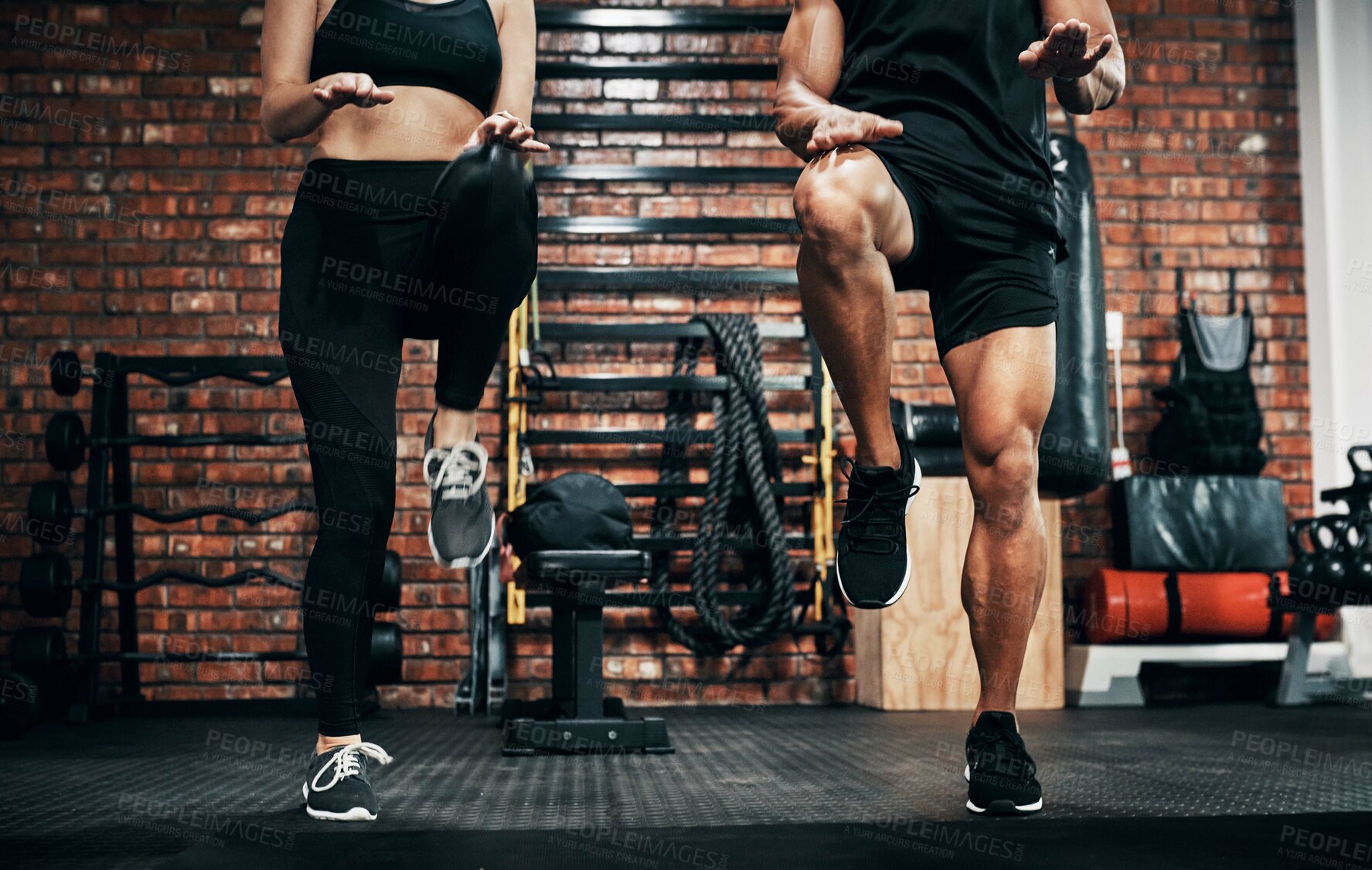 Buy stock photo Fitness, personal trainer and people for wellness, workout and training in gym. Healthcare, warm up and friends with exercise, male coach and body performance routine for leg muscle cardio goals