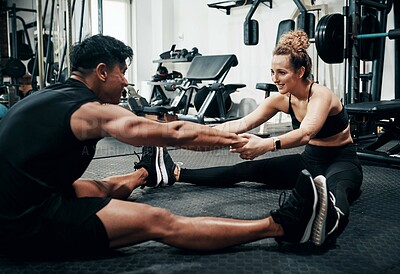 Buy stock photo Fitness, friends and stretching legs for wellness, workout and training on gym floor. Healthcare, warm up and people for exercise, personal trainer coach and body performance routine for muscle goals