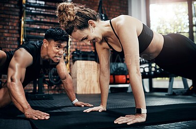 Buy stock photo Push ups, mat and woman in gym, fitness and personal trainer for exercise, man and motivation for health. Instructor, talking and wellness with workout and performance of training and warm up in club