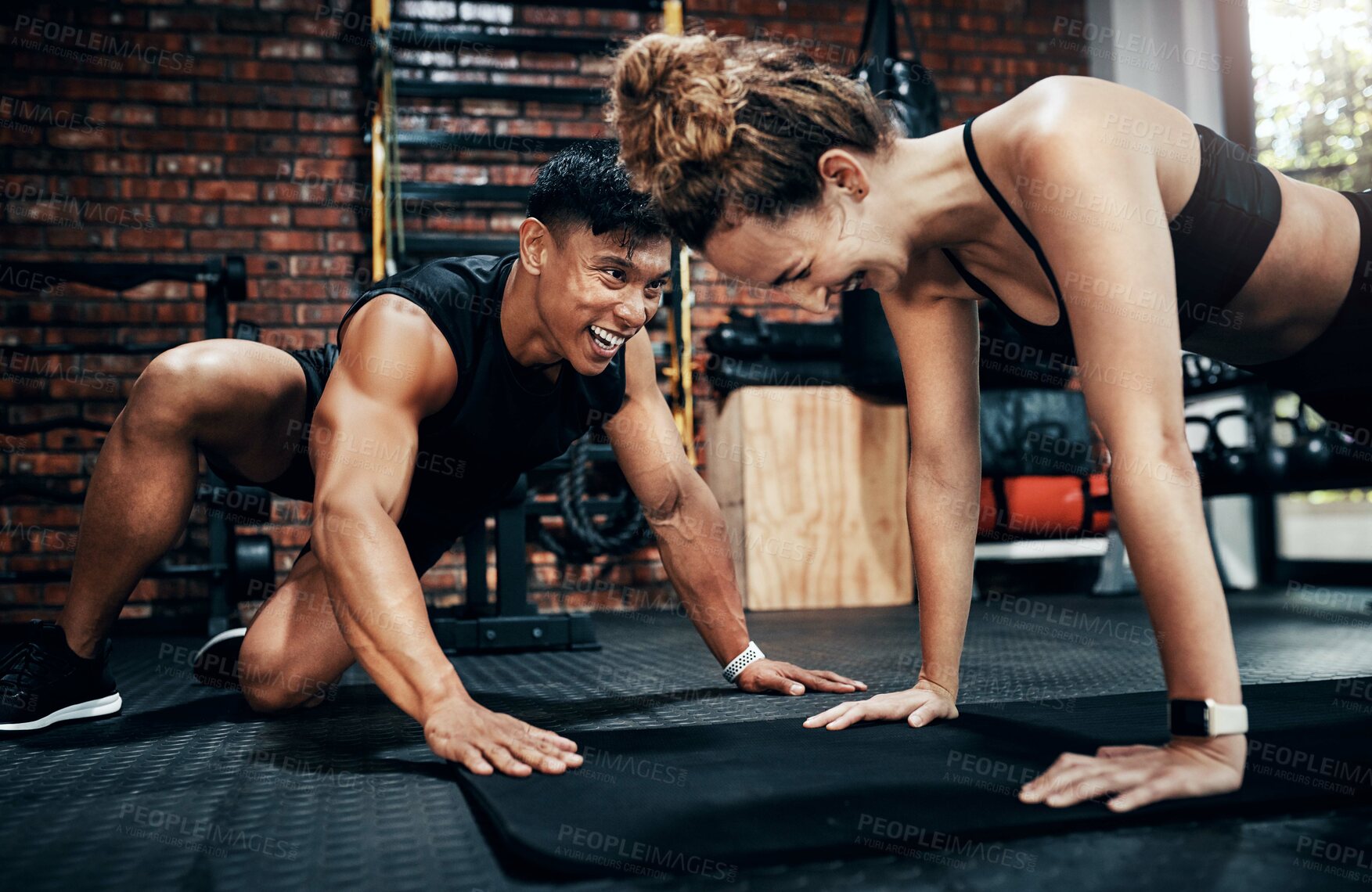 Buy stock photo Push ups, smile and woman in gym, fitness and personal trainer for exercise, man or motivation for health. Instructor, talking and wellness with workout and performance of training or warm up in club