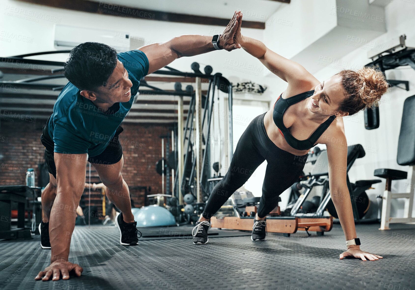 Buy stock photo Workout, personal trainer and friends high five for wellness, exercise and training on gym floor. Healthcare, warm up and woman with fitness, coach and body performance routine for core muscle goals