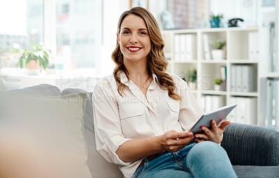 Buy stock photo Office, sofa and portrait of woman with tablet for communication, company report or feedback. Employee, smile and female person with tech at work for administration, research or digital policy review