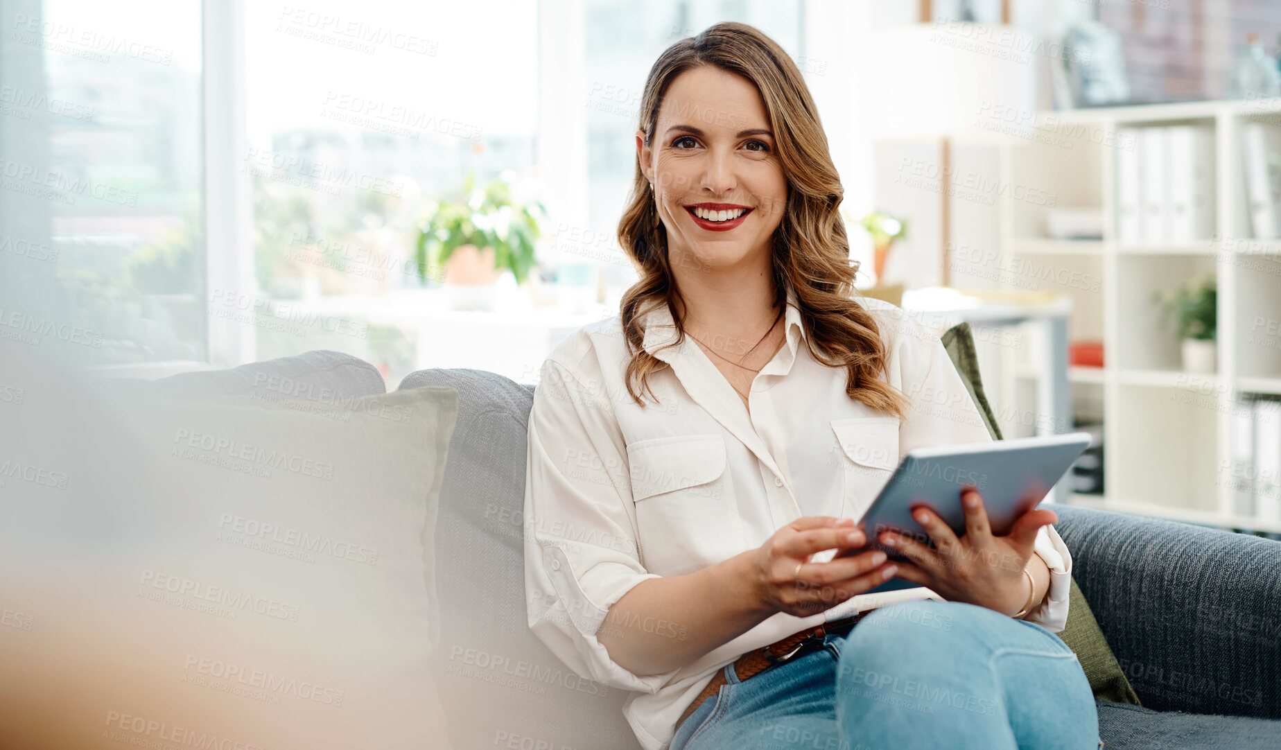 Buy stock photo Business, woman and portrait with tablet on sofa for online research, communication and networking in office. Professional, employee and happy with digital technology on couch of workplace for search