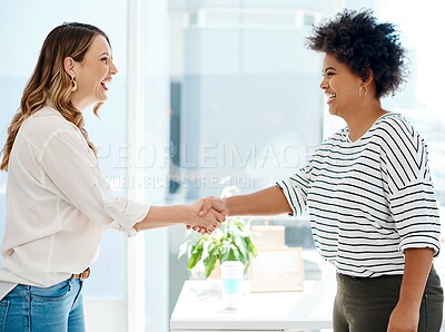 Buy stock photo Business women, handshake and diversity with welcome, agreement and choice in office for promotion. People, employees and colleagues in onboarding for partnership, negotiation and meeting in company