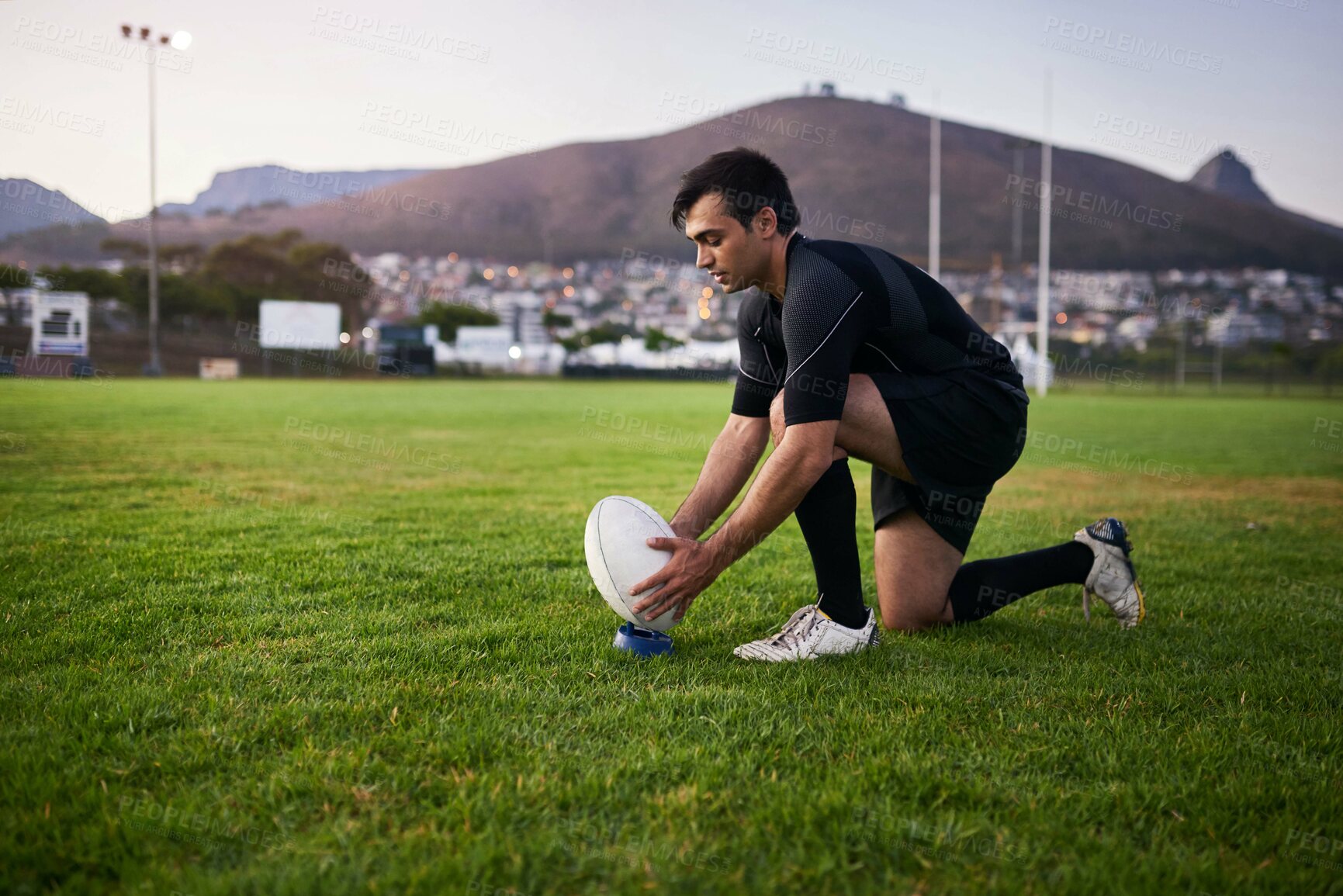 Buy stock photo Rugby, game and man with ball, outdoor and performance for practice, competition and fitness for athlete. Playground, grass and professional with strength, player and training for football and person