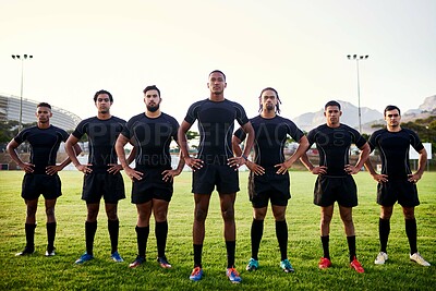 Buy stock photo Men, portrait or rugby with team in row on grass field for sport game, ready or challenge. Young, group or football players in line or confidence with captain for competition or tournament on stadium