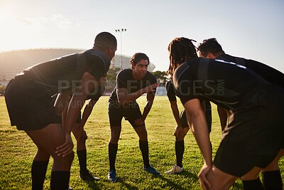 Buy stock photo Rugby, team and training with huddle, discussion and game field for match preparation or competition plan. Sports, health and group of athlete men outdoor with grass, club and practice with exercise