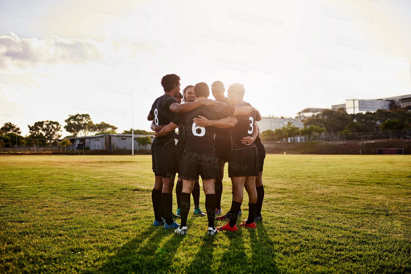 Buy stock photo Rugby, men and hug together for huddle, motivation and game field for match preparation or competition plan. Sports, fitness and team group outdoor with grass, club and practice with exercise