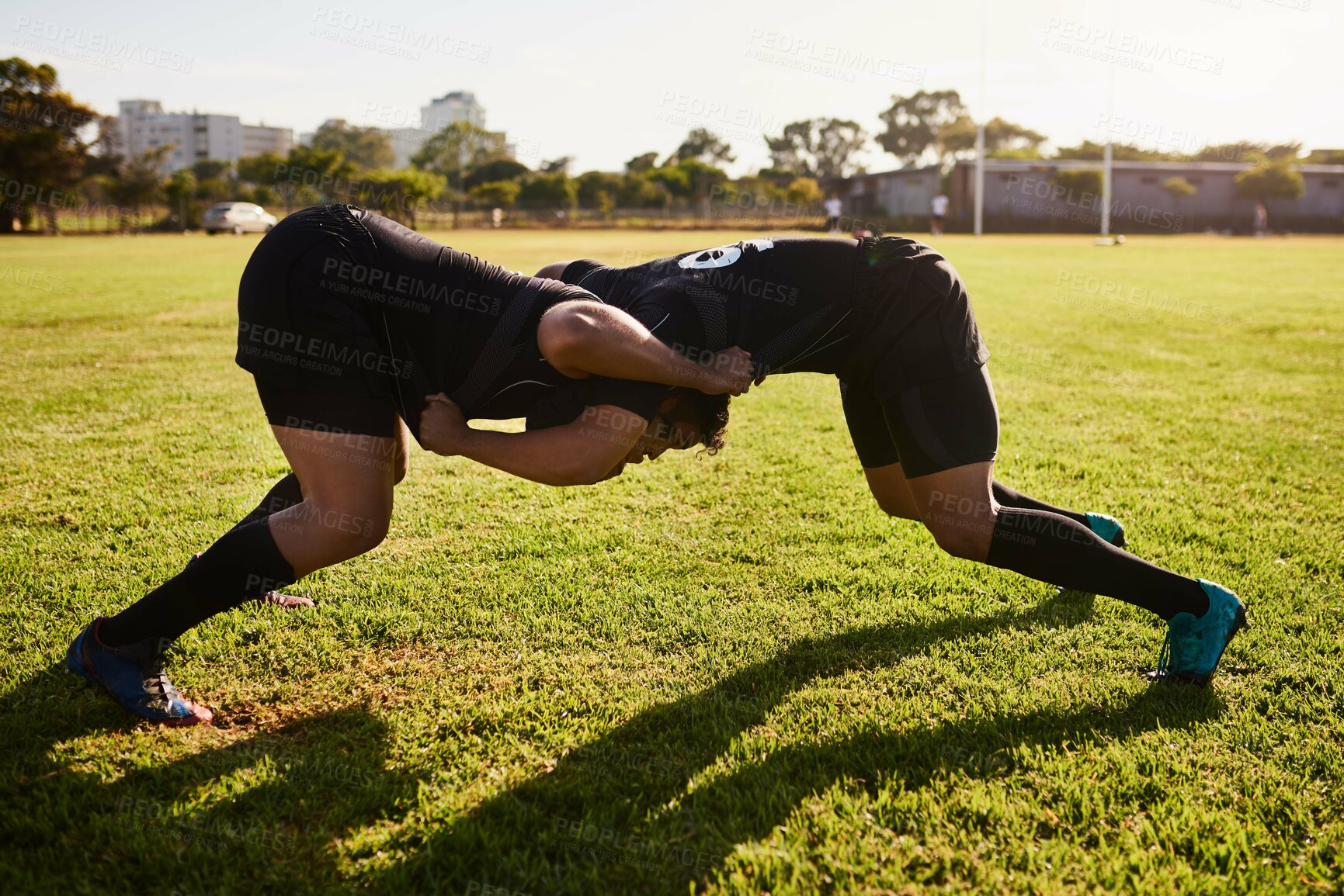 Buy stock photo Scrum, people and outdoor for rugby training, performance workout and team for sports. Men, challenge and professional athletes together for practice, tackle and fitness to prepare for games on field