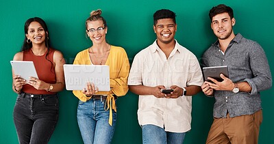 Buy stock photo Creative people, portrait or waiting room with technology for career or job opportunity on a green wall background. Young, group or happy interns with smile in row or line for design or team startup