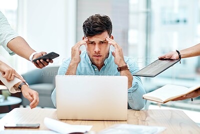 Buy stock photo Businessman, multitasking and headache for stress, mental health and frustrated at office. Male person, overwhelmed and burnout for time management, busy and technology with anxiety in finance agency