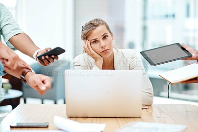 Buy stock photo Business woman, multitasking and tired with stress, mental health and frustrated in financial agency. Female person, overwhelmed and burnout for time management, busy and tech with anxiety in office