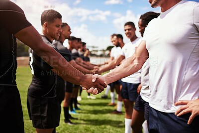 Buy stock photo Rugby, team and handshake for welcome, introduction or sportsmanship on grass field outdoors. Sports, men shaking hands and greeting for game rival, competition or training with workout and exercise