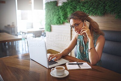 Buy stock photo Woman, phone call and laptop at cafe with remote work, typing and research with contact for article. Person, journalist and smartphone with interview for lead, story or investigation at coffee shop