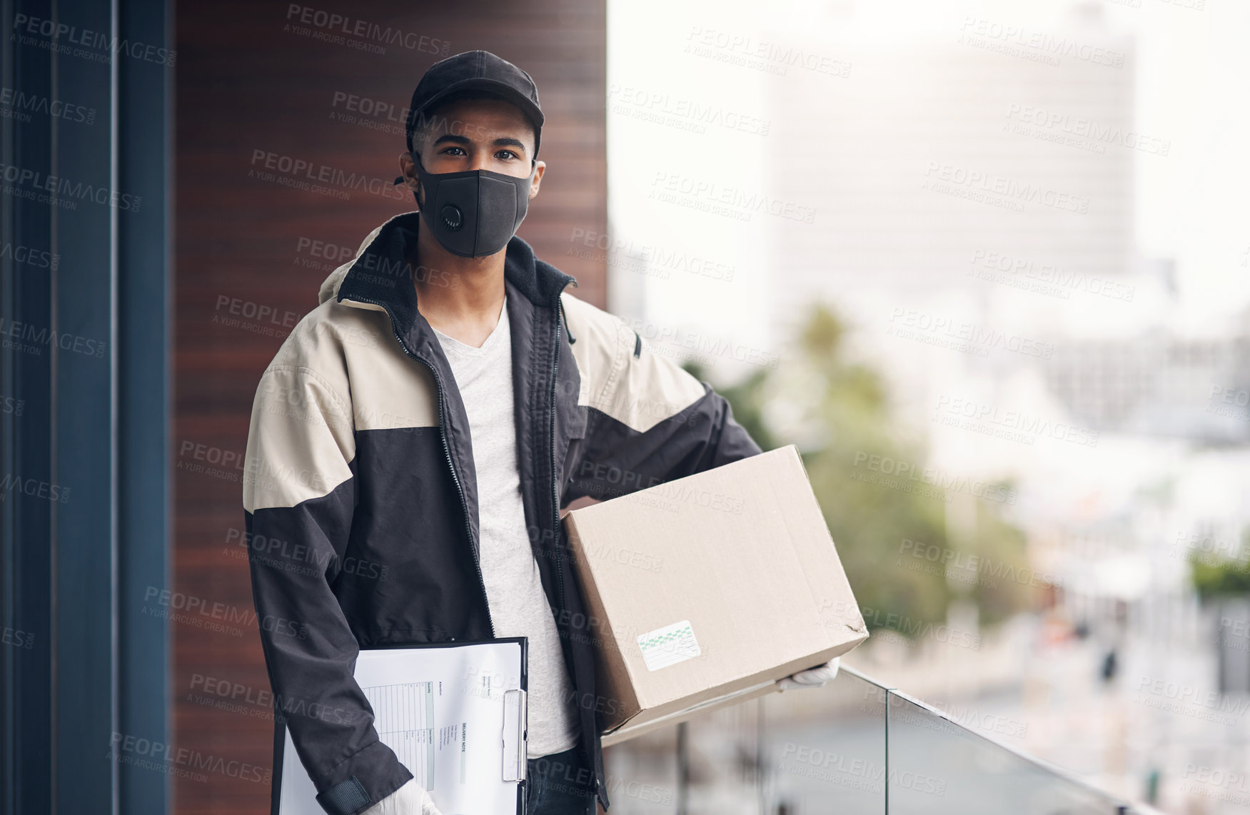 Buy stock photo Portrait, clipboard or delivery man with box or mask for safe shipping, distribution or transport service. Shipment logistics, parcel or courier worker with package checklist or product in Brazil