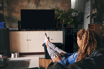 Buy stock photo Woman, sofa and playing video game on tv for weekend break, virtual challenge and gamer subscription. Back, mockup space and girl live steaming in home for entertainment, hobby and online competition